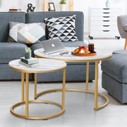 Coffee Table Nesting White Set of 2 Side Set Golden Frame Circular and Marble Pattern Wooden Coffee Tables