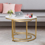 Coffee Table Nesting White Set of 2 Side Set Golden Frame Circular and Marble Pattern Wooden Coffee Tables