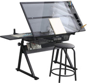 72°Tiltable Glass top w/Stool and Drawers for Reading, Writing Art Craft Work Station