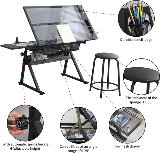 72°Tiltable Glass top w/Stool and Drawers for Reading, Writing Art Craft Work Station