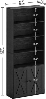 Industrial Bookshelves with Doors Floor Standing 6 Shelf Display Storage Shelves 70 in Tall Bookcase